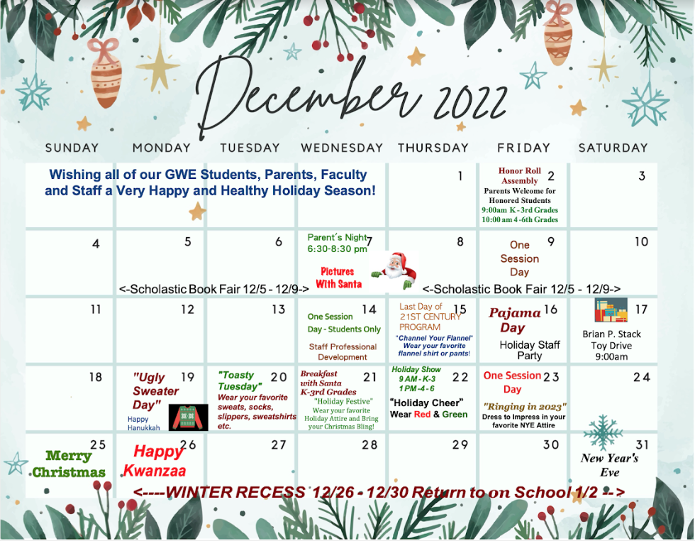 December 2022 Calendar-George Washington School