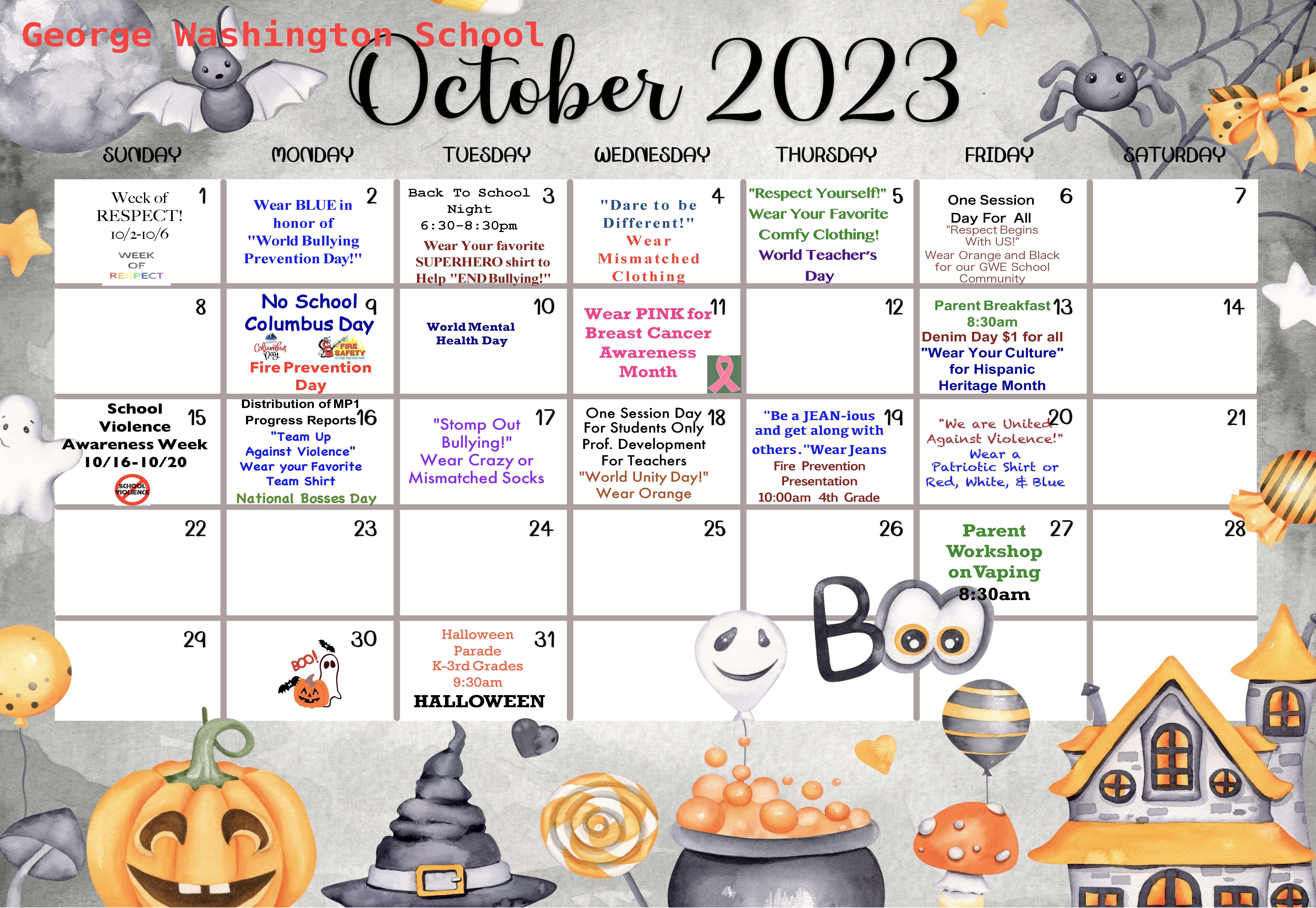 October 2023 Calendar-Washington School