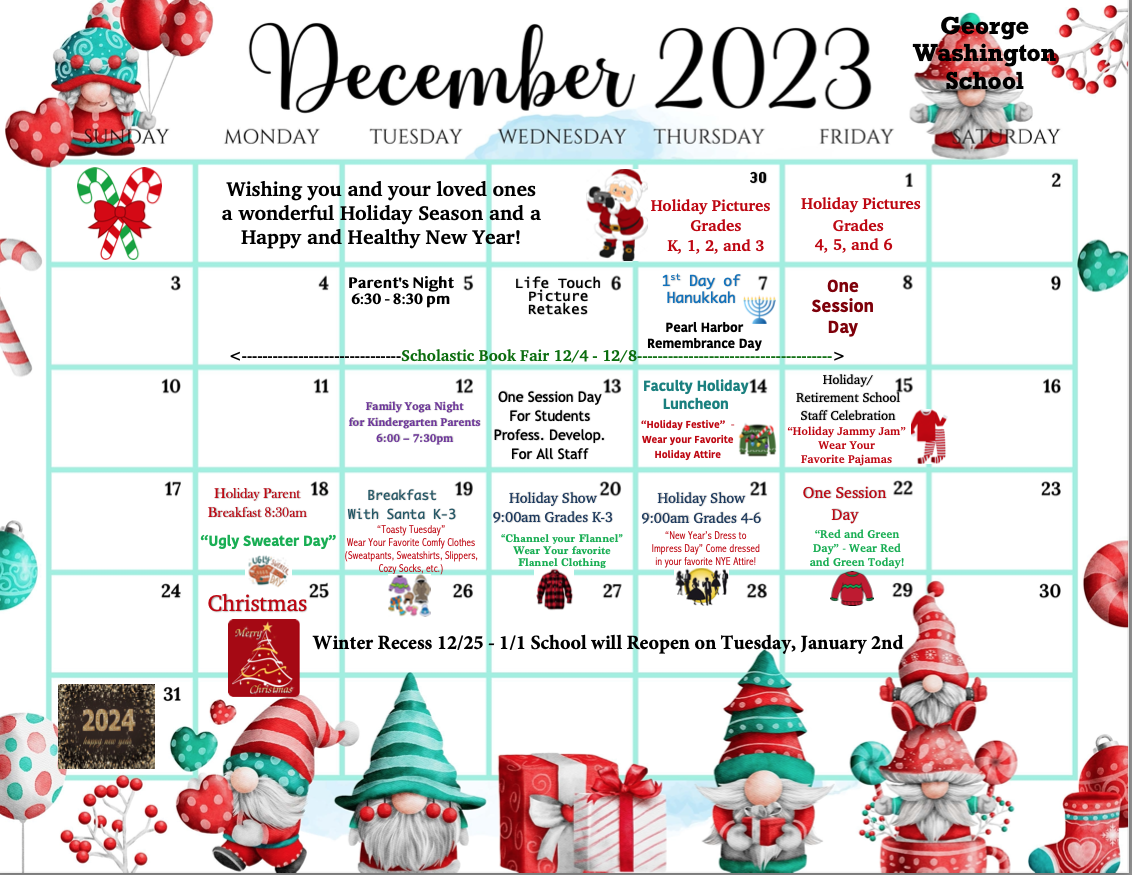 December 2023 Calendar-George Washington School